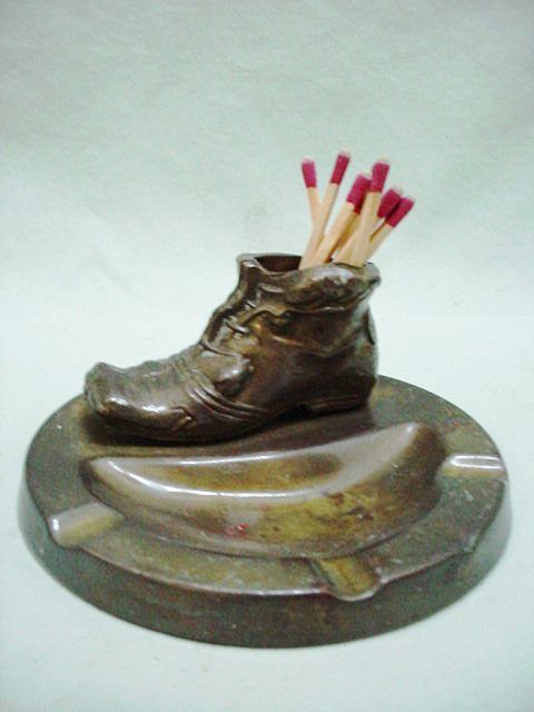 VINTAGE FIGURAL BRASS BRONZE BOOT SHOE MATCH HOLDER  