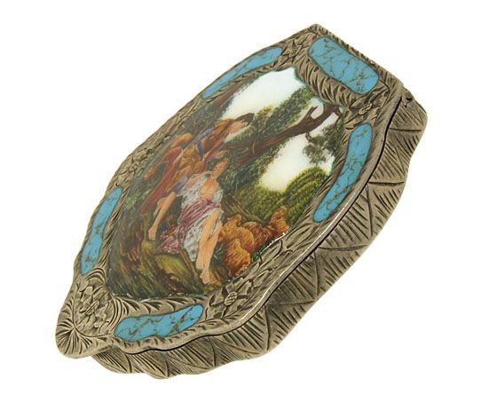 ANTIQUE SILVER .800 HAND PAINTED MAKE UP COMPACT  