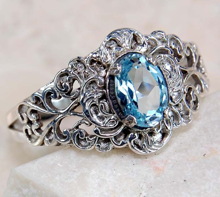 Natural 2ct Aquamarine 925 Solid Sterling Silver Victorian Style Ring 