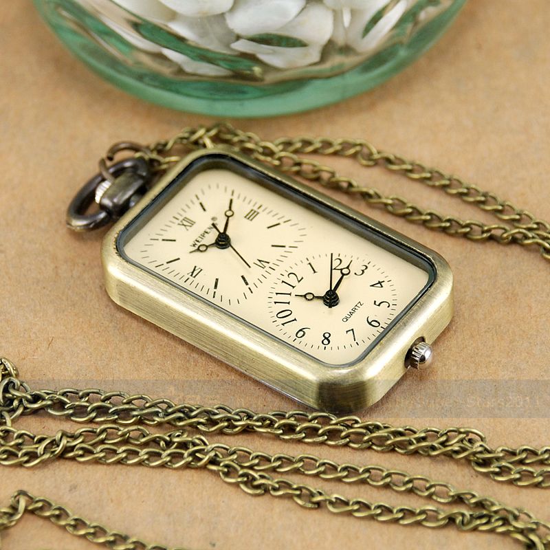 Retro Bronze Dual Cores/Time Zones Rectangle Pendant Pocket Necklace 