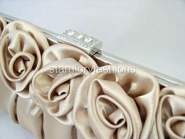 Beige Champagne Rose Pleated Wedding Clutch Rhinestones  