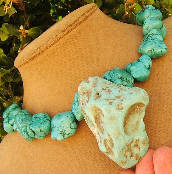 TURQUOISE CHUNKY RAW PENDANT NECKLACE AQUA BLUE big GEM ALL NATURAL 