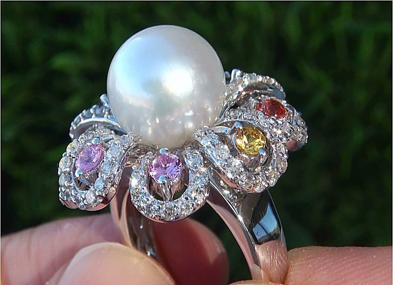 Estate 11.28 mm Natural Tahitian Pearl Sapphire Diamond Cocktail Ring 