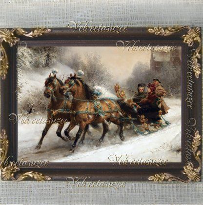 Horse Sleigh Lady Gent People Dollhouse Picture Winter  