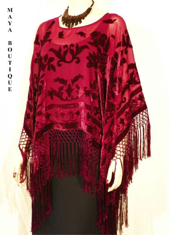 Silk Burnout Velvet Poncho Top Fringe Piano Shawl Wrap Deep Red New 