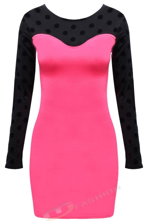 NEW WOMENS LADIES POLKA DOT MESH PANEL NEON COLOURED BODYCON DRESS 8 