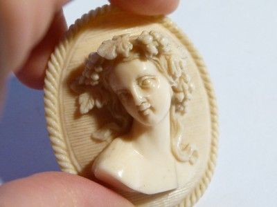 Antique c1900 OX BONE CARVED CAMEO MAIDEN Pendant Bracelet Clasp 