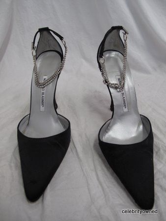 Manolo Blahnik Black Crystal Ankle Strap Heels 38  