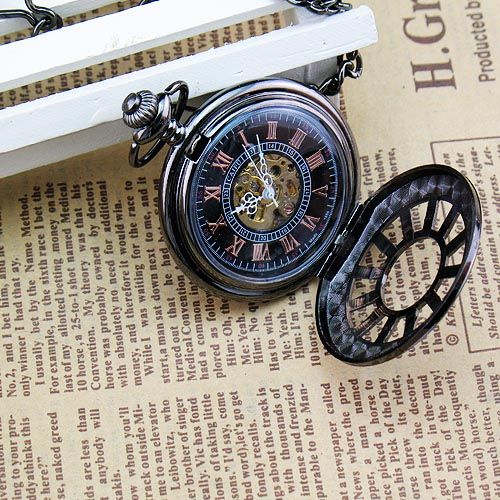   Hollow Black Hand Winding Skeleton Men Unisex Mechanical Pocket Watch