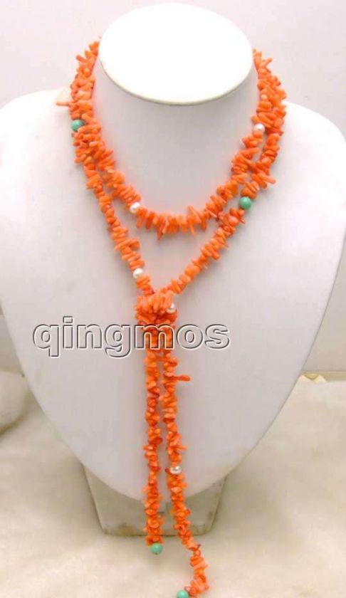   Super 52 inch Orange branch coral necklace and 8 mm white pearl 5185