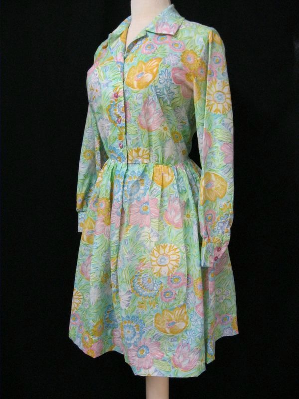 Vintage 60s Watercolor Floral Shirtwaist Day Dress L X  