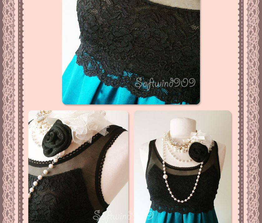 NWT Arden B Black/Teal Lace Top/Silky Satin Flare Skirt Babydoll 