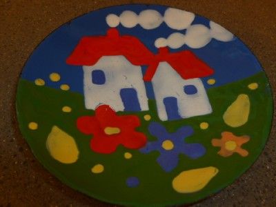 Metal & Enamel House Scene Accent Decorative Plate  