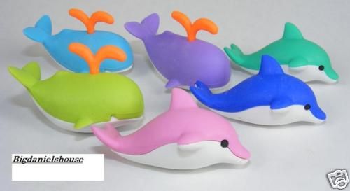 6Pcs Japanese Iwako Erasers 3 Whales and 3 Dolphins  