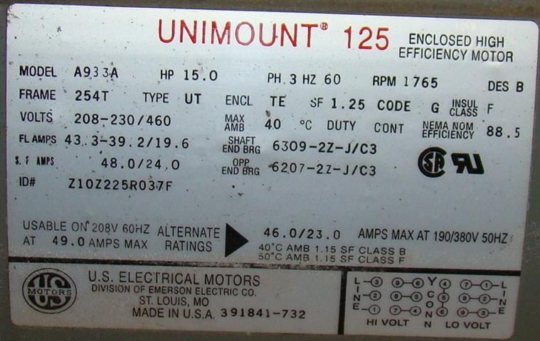 15HP Unimount 125 Electric Motor A933A 3PH  