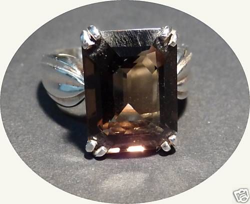 Large 10 ctw Rectangular Smokey Quartz in Silver Ring  