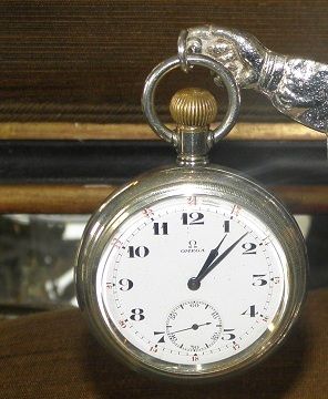 Unusual Antique Omega Pocket Watch Clock w Silver Bronze Watch Stand 