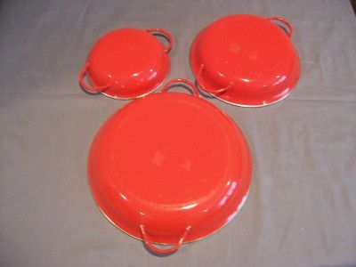 Skillet Set 3 Vintage Enamelware Red White 10, 8 & 6 with Handles 