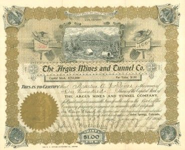 The Argus Mines Co, Idaho Springs Colorado CO Stock Certificate  