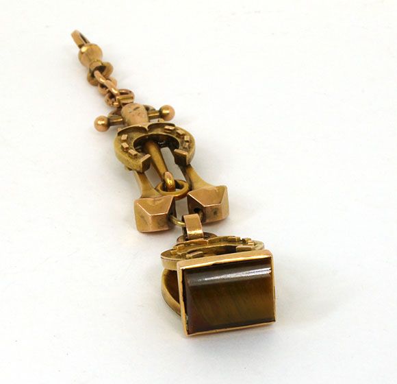 ANTIQUE VICTORIAN 14K GOLD & TIGERS EYE WATCH FOB  