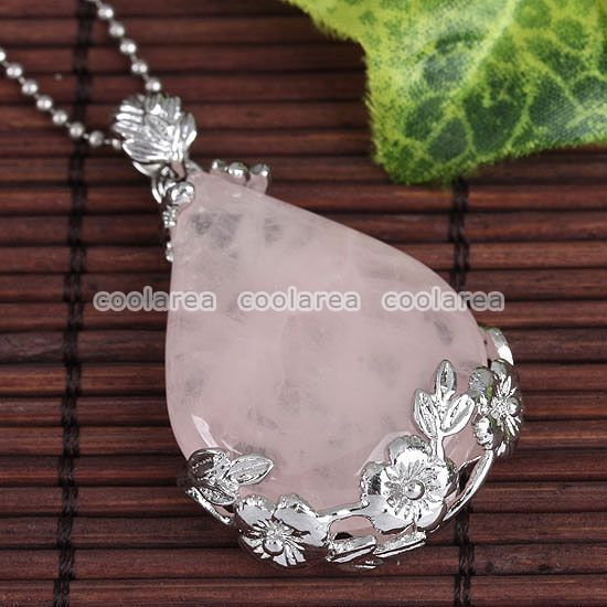 Rose Quartz Flower* Inlaid Waterdrop Bead Jewel Pendant  