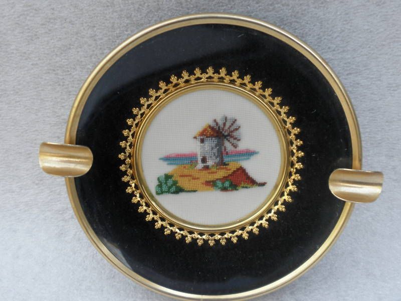 Greek NEEDLEPOINT Windmill under GLASS Wall ASHTRAY  