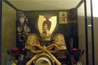 Japanese Yoroi Kabuto Helmet with Katana in Glass Case  