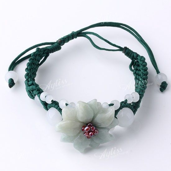 FLOWER JADE GREEN HAND KNITTED ADJUSTABLE BRACELET BEAD  