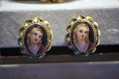 Antique Portrait Porcelain Sterling Brooch & Earrings