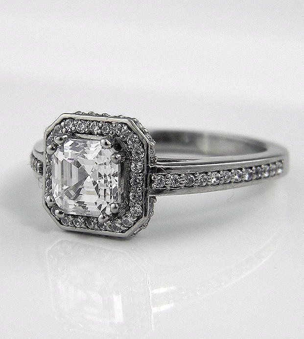   PRINCESS OR ASSCHER CUT HALO SOLITAIRE ENGAGEMENT RING SOLID PALLADIUM