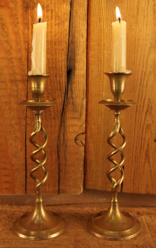 Pair of Antique Brass Open Barley Twist Candle Holders  