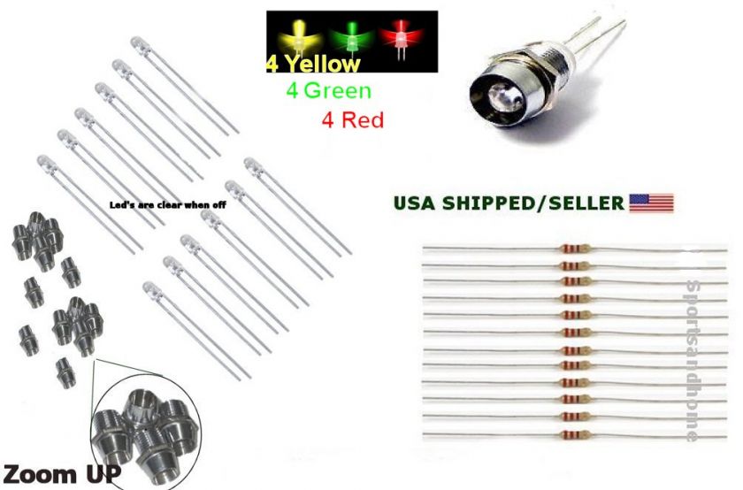 Red, 4 Green & 4 Yellow Blinking Leds with Holders and Resistors for 