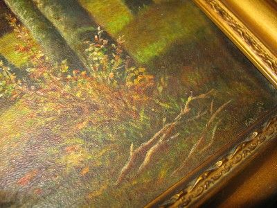 ANTIQUE SIGNED STEWART OIL PAINTING A FOREST IN FALL WOODS MOUNTAIN 