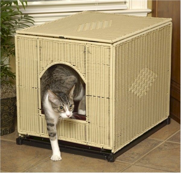 Cat Litterbox Cabinet Plastic Wicker Rolling Cover Litter Box  