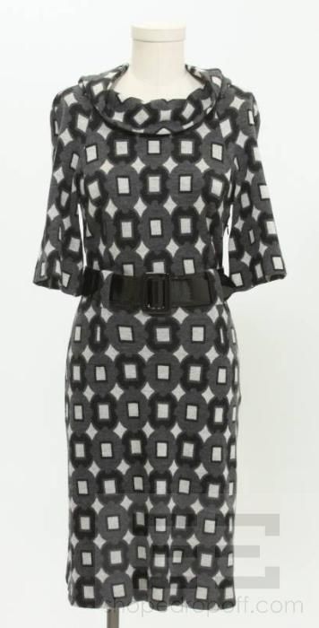 Milly Charcoal Grey Print Belted 3/4 Sleeve Dress  