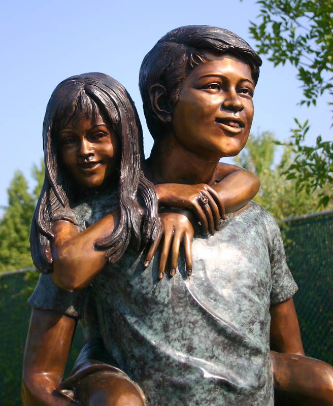 BRONZE CHILDREN Piggyback Statue Sculpture Kids Art  