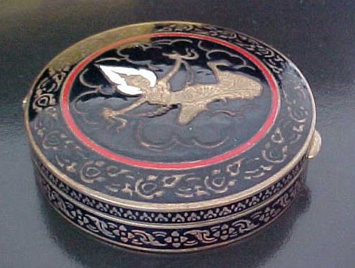 Ladies HEAVY Bronze Compact Enameled VINTAGE from Thailand with 