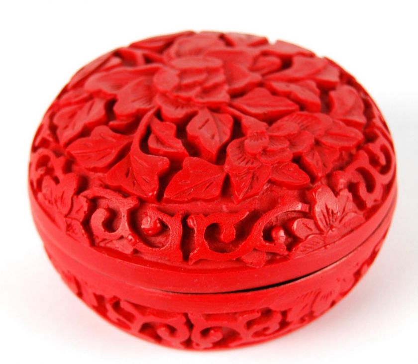 CINNABAR BOX CIRCLE PEONY FLOWER Keepsake Jewelry Gift  