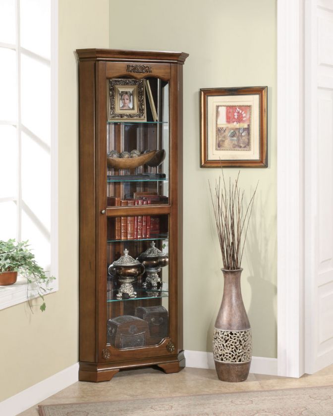 Dark Brown Corner Curio Cabinet Bookcase  