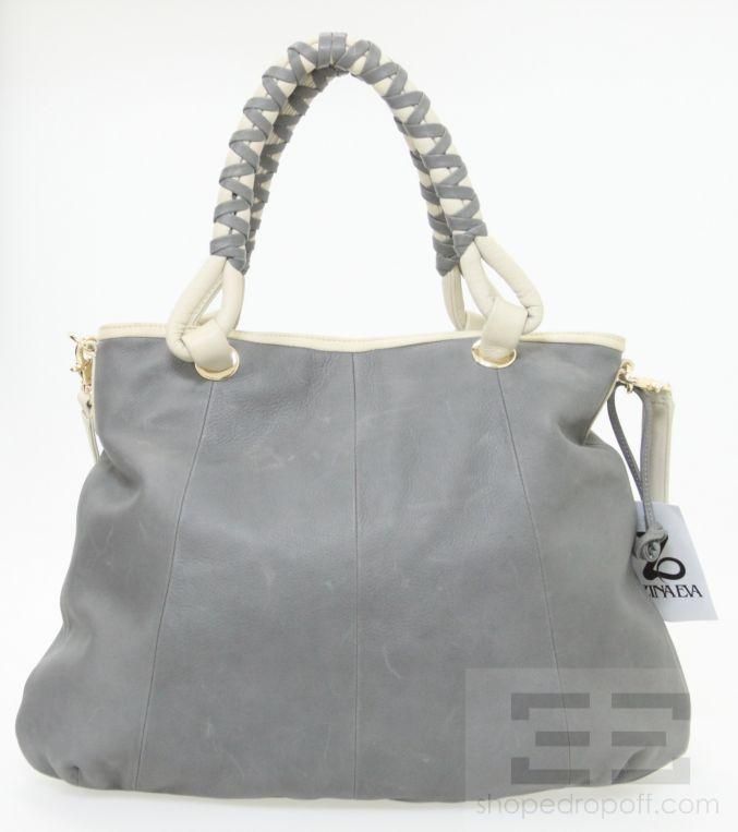 Zina Eva Grey & Cream Deerskin Leather Gigi Satchel Bag NEW  