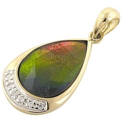 Ammolite / Diamond 14K Gold Teardrop Pendant / Necklace  