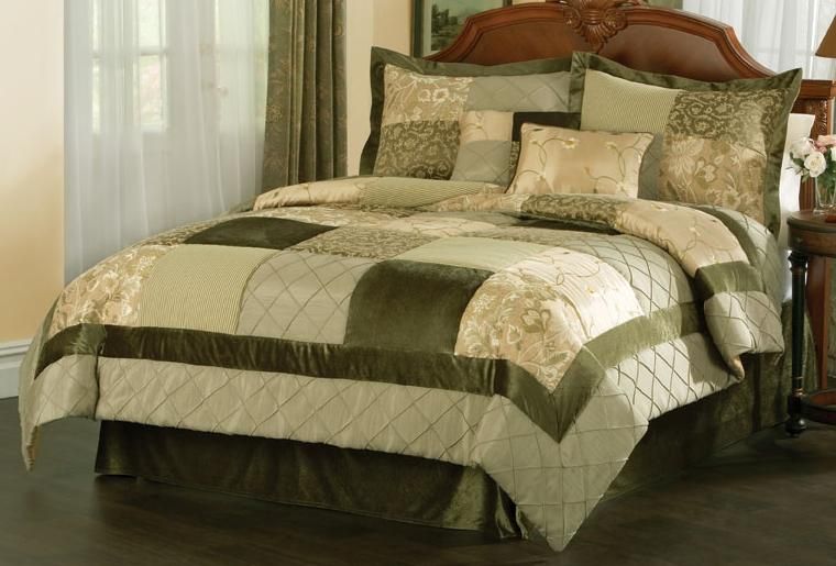 MODERN BLOCK GREEN VELVET JACQUARD 8PC QUEEN COMFORTER BEDDING SET BED 