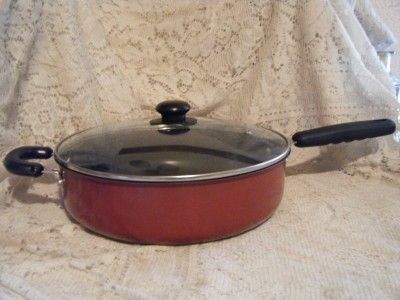 Vintage Red Enamelware T Fal Large Double Grip Skillet/Fry Pan  