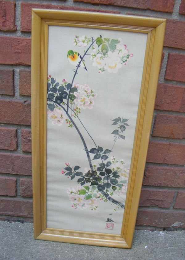 Vtg Japanese Watercolor Painting Bird in Floral Tree  