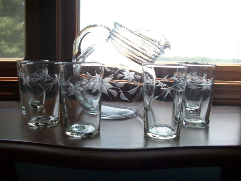 Depression Glass Ecthed Ball Pitcher 6 Juice Tumblers  