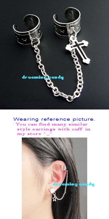 Korean Boa Two Clips Cuffs Style Cross Charm Earrings  