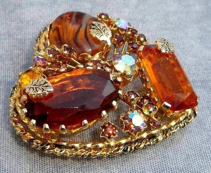 Vintage KRAMER Citrine Glass & AB Rhinestone Heart Shaped Brooch Made 