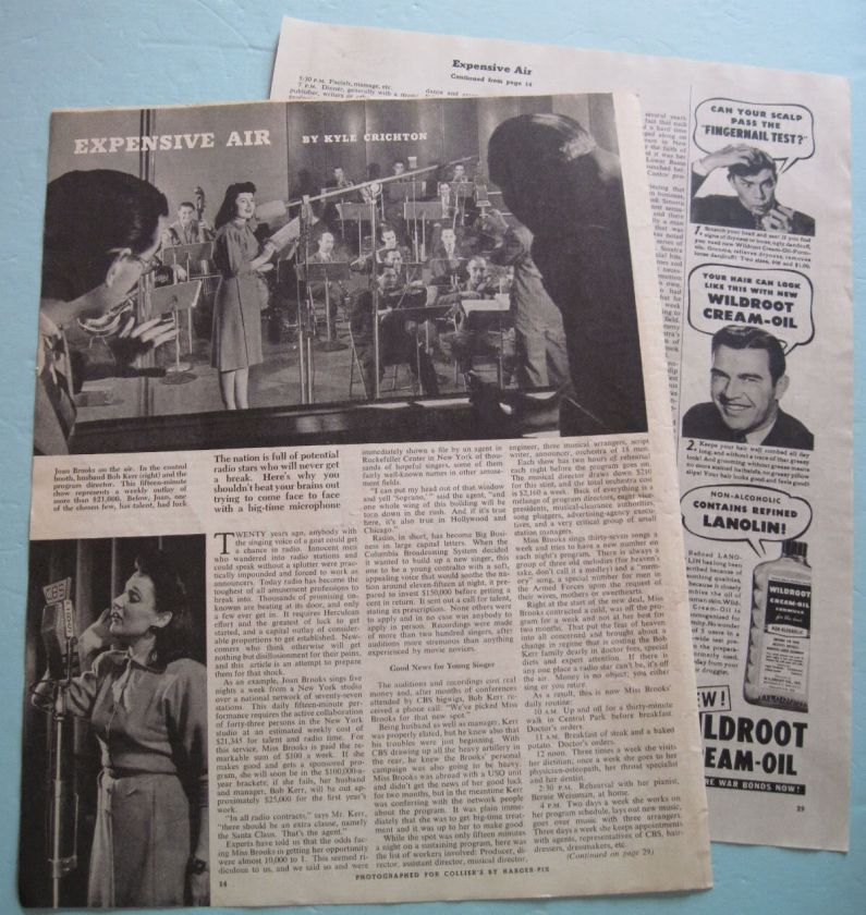 Vintage 1944 Expensive Air CBS Radio Singer Joan Brooks 40s Article 