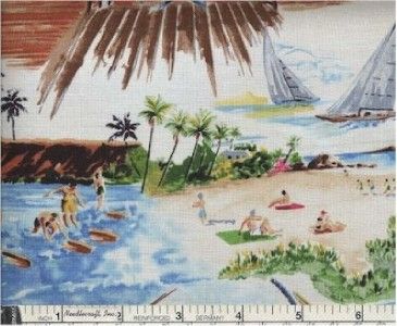   SUMMER SURF FISHING BEACH RIVIERA VINTAGE FABRIC NATURAL  