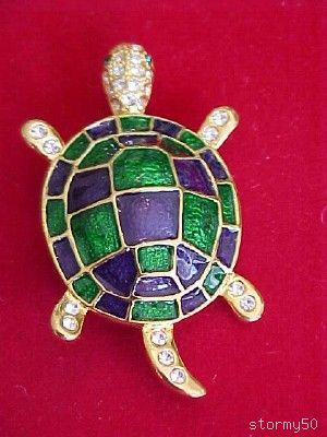 RHINESTONE & PURPLE GREEN ENAMEL TURTLE PIN BROOCH  